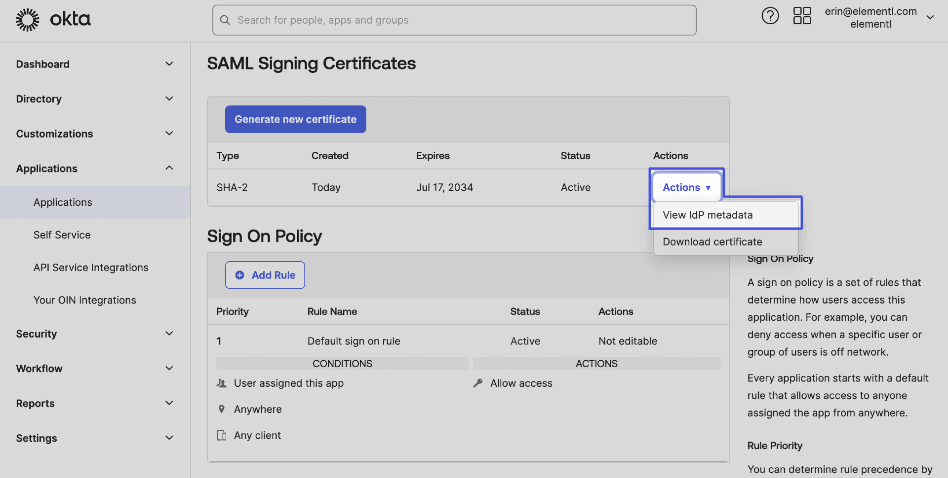 The View IdP metadata options in the Okta UI